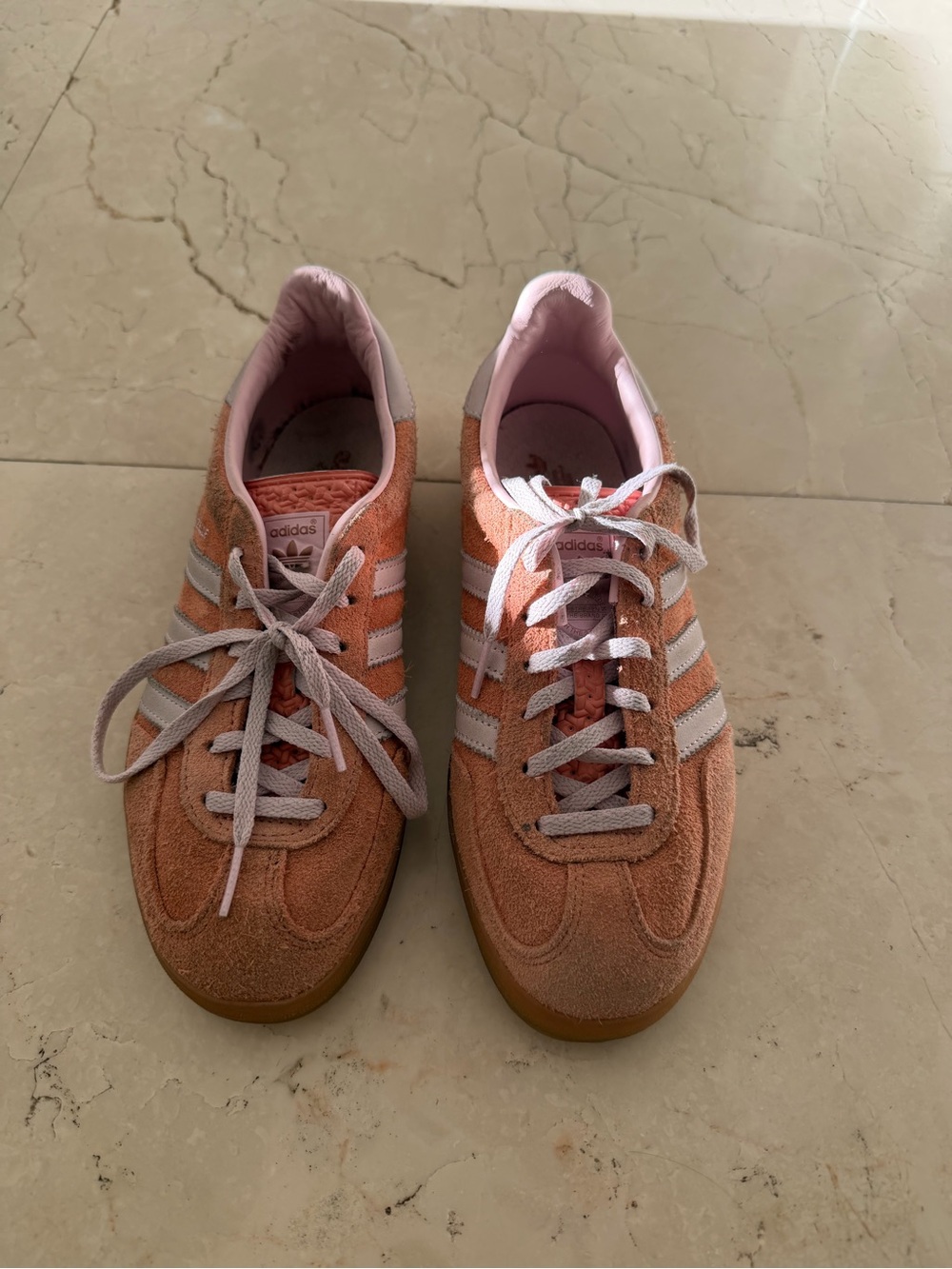 adidas Women’s Peach/Pink Suede Sneakers with White Stripes